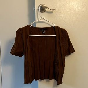 Brown cropped lettuce fringe sweater